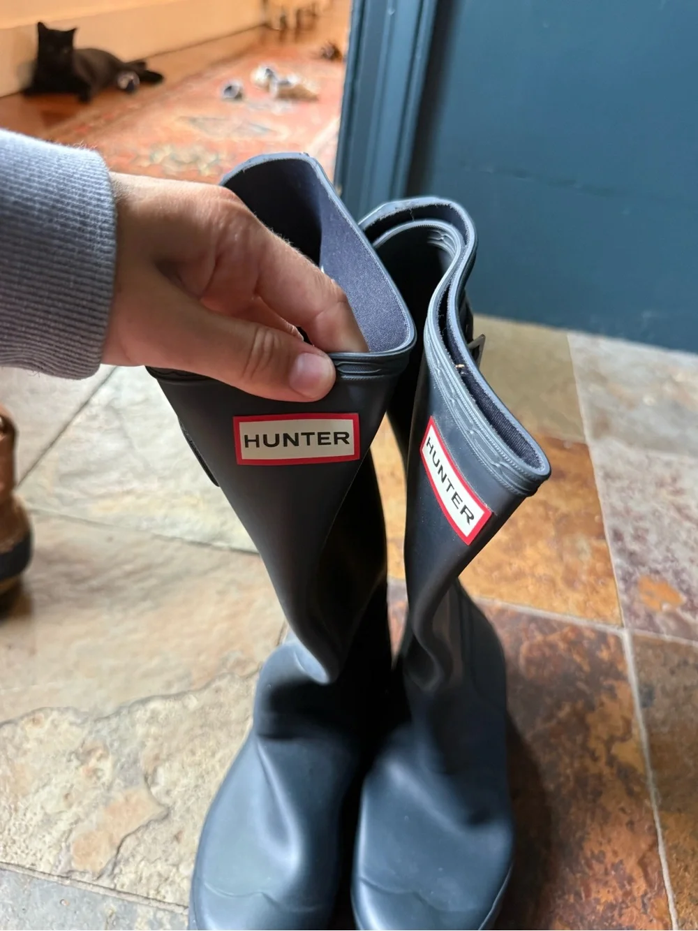 Hunter Women’s Tall Navy Rubber Rain Boots with Adjustable Buckle